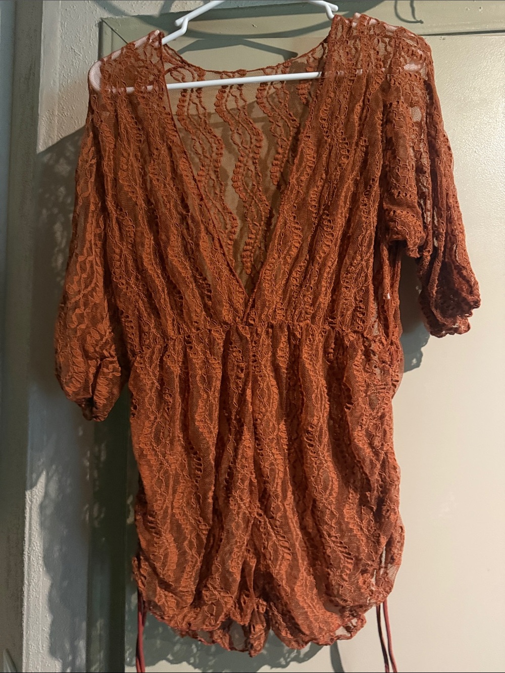 SHEIN Rust Lace Crochet Swim Coverup Romper